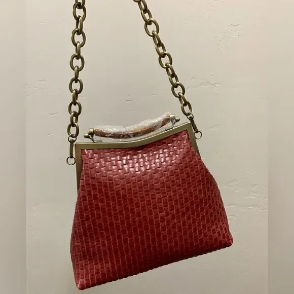 Handmade Genuine Woven Leather Double Kisslock Top Handle Bag & 2 Straps Style